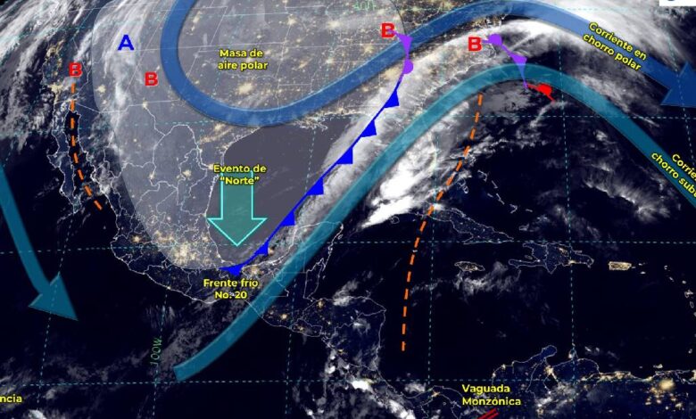 Frente frío No. 20 continuará su desplazamiento hasta el sureste de la República Mexicana