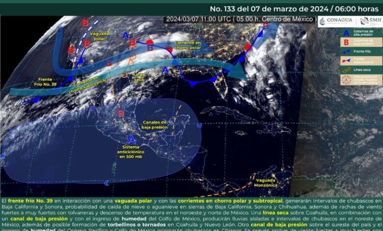 Frente frío 39 afectará el norte y noroeste de México, temperaturas altas en varios estados