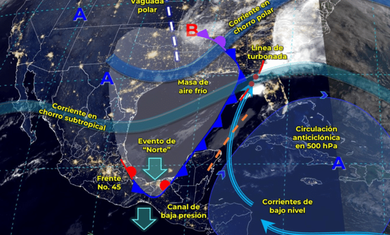 Frente Frío 45 ocasionarán lluvias fuertes y evento Norte el sureste de México
