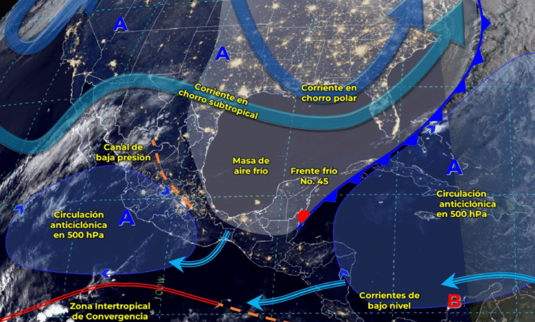 Frente frío 45 ocasionará chubasco con lluvias en la Península de Yucatán