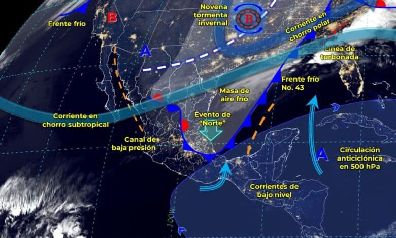 Frente frío 43 ocasionará lluvias en el sureste del país