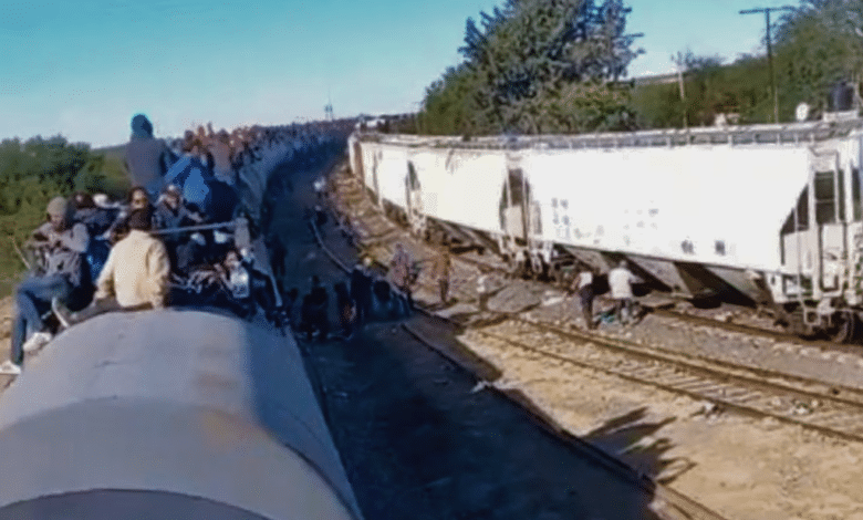 Migrantes varados en Cañitas detienen tren para seguir su camino