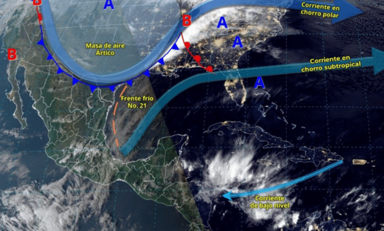 Se esperan temperaturas frías debido al desplazamiento del frente frío No. 21 sobre el norte y noreste de México