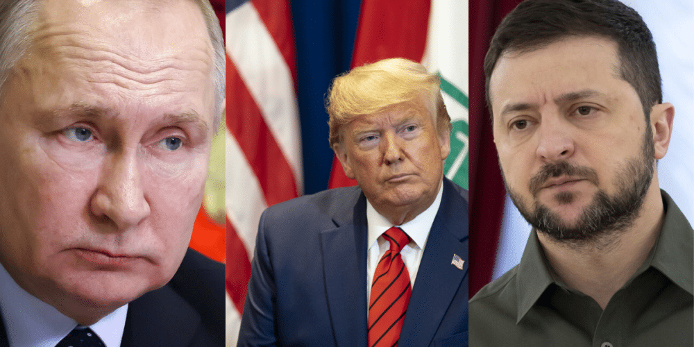 Imagen editada de mandarios de EUA, Rusia y Ucrania